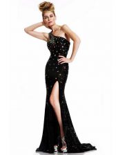 Captivating Black One Shoulder Neckline Beading Evening Dress Sleeveless Backless
