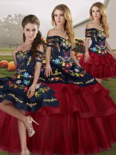  Wine Red 15 Quinceanera Dress Off The Shoulder Sleeveless Brush Train Lace Up