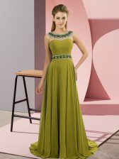 Lovely Brush Train Empire Prom Gown Olive Green Scoop Chiffon Sleeveless Zipper