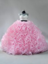 Super Baby Pink Sleeveless Fabric With Rolling Flowers Brush Train Zipper Sweet 16 Quinceanera Dress for Sweet 16 and Quinceanera