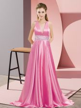 Romantic Sleeveless Brush Train Beading Backless Prom Evening Gown