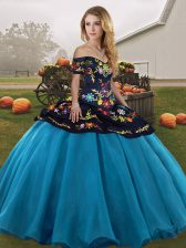 Fabulous Floor Length Ball Gowns Sleeveless Blue And Black Sweet 16 Dress Lace Up