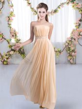 Traditional Strapless Sleeveless Vestidos de Damas Sweep Train Beading Peach Chiffon