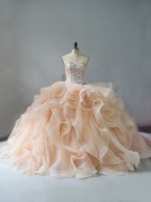 Customized Champagne and Pink And White Sleeveless Brush Train Beading and Ruffles 15 Quinceanera Dress
