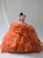 Glittering Ball Gowns Quinceanera Dress Rust Red Scoop Organza Sleeveless Lace Up