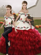  Wine Red Lace Up Off The Shoulder Embroidery and Ruffled Layers Quince Ball Gowns Organza Sleeveless