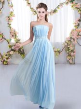 Inexpensive Baby Blue Strapless Lace Up Beading Damas Dress Sweep Train Sleeveless
