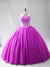  Tulle Sleeveless 15th Birthday Dress Brush Train and Beading