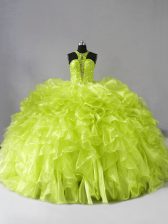 Luxurious Yellow Green 15 Quinceanera Dress Halter Top Sleeveless Brush Train Zipper