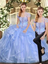 Vintage Lavender Lace Up Strapless Beading and Ruffles Quince Ball Gowns Organza Sleeveless