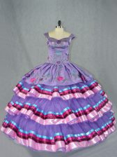 Cute Straps Sleeveless Organza Quinceanera Gowns Embroidery and Ruffled Layers Lace Up