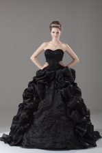 Pretty Black Ball Gowns Embroidery and Pick Ups Ball Gown Prom Dress Lace Up Organza Sleeveless