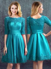  Scoop Half Sleeves Damas Dress Knee Length Lace Teal Satin