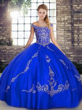 Enchanting Ball Gowns Quinceanera Gowns Royal Blue Off The Shoulder Tulle Sleeveless Floor Length Lace Up