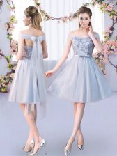 Discount Grey Empire Lace and Belt Vestidos de Damas Lace Up Tulle Sleeveless Knee Length