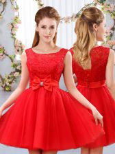 Super Red Sleeveless Lace and Bowknot Mini Length Quinceanera Court Dresses