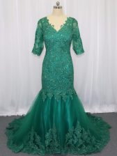 Green Mermaid V-neck Half Sleeves Tulle Brush Train Lace Up Lace and Appliques Prom Dresses