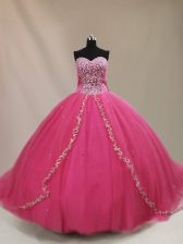 Exceptional Sweetheart Sleeveless Court Train Lace Up Quince Ball Gowns Hot Pink Tulle