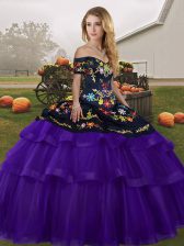  Sleeveless Brush Train Embroidery and Ruffled Layers Lace Up Quinceanera Gown