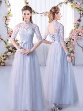 Inexpensive Half Sleeves Floor Length Lace Lace Up Court Dresses for Sweet 16 with Grey
