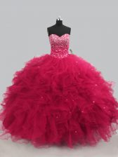 Cheap Sleeveless Floor Length Beading and Ruffles Lace Up 15 Quinceanera Dress with Hot Pink