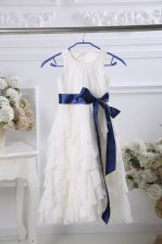 Elegant Floor Length Zipper Flower Girl Dresses for Less White for Wedding Party with Ruffles and Belt
