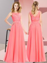 Luxury Scoop Sleeveless Damas Dress Floor Length Beading and Appliques Watermelon Red Chiffon