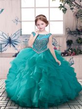  Teal Organza Zipper Little Girls Pageant Gowns Sleeveless Floor Length Beading and Ruffles