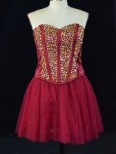  Wine Red Sleeveless Mini Length Beading Lace Up Prom Evening Gown