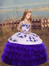  Purple Sleeveless Floor Length Embroidery and Ruffled Layers Lace Up Little Girl Pageant Dress