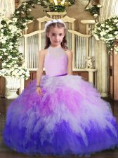  Multi-color Tulle Backless Evening Gowns Sleeveless Floor Length Ruffles