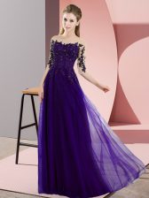  Purple Lace Up Bateau Beading and Lace Damas Dress Chiffon Half Sleeves