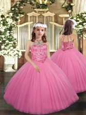  Rose Pink Ball Gowns Halter Top Sleeveless Tulle Floor Length Lace Up Beading Pageant Gowns For Girls