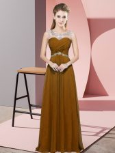 Sleeveless Floor Length Beading and Ruching Backless Evening Dress with Brown