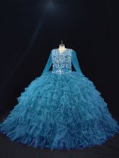 Traditional V-neck Long Sleeves Organza Sweet 16 Dresses Beading and Ruffled Layers Lace Up