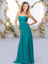 Custom Fit Sleeveless Chiffon Floor Length Criss Cross Damas Dress in Teal with Beading