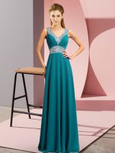 Custom Made Teal Chiffon Lace Up Prom Evening Gown Sleeveless Floor Length Beading