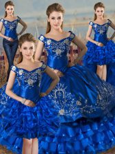 Edgy Sleeveless Satin and Organza Floor Length Lace Up Quinceanera Gowns in Royal Blue with Embroidery and Ruffled Layers