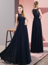 Flare Navy Blue Zipper Prom Dress Lace Sleeveless Floor Length