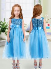 New Arrival Baby Blue Empire Organza Scoop Sleeveless Sequins and Hand Made Flower Tea Length Zipper Flower Girl Dress