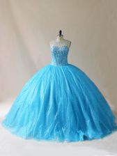Comfortable Beading and Appliques Vestidos de Quinceanera Baby Blue Lace Up Sleeveless Floor Length Court Train
