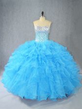  Sleeveless Floor Length Beading and Ruffles Lace Up Quinceanera Gown with Aqua Blue