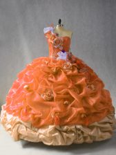  Rust Red Ball Gowns One Shoulder Sleeveless Organza Floor Length Lace Up Beading and Pick Ups and Hand Made Flower Quinceanera Dress