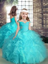  Aqua Blue Ball Gowns Straps Sleeveless Organza High Low Lace Up Beading and Ruffles Little Girls Pageant Gowns