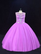 Trendy Sleeveless Tulle Floor Length Lace Up 15 Quinceanera Dress in Lilac with Beading