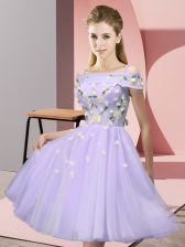 Exceptional Lavender Lace Up Off The Shoulder Appliques Vestidos de Damas Tulle Short Sleeves