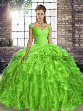 Pretty Off The Shoulder Lace Up Beading and Ruffles Quinceanera Gown Brush Train Sleeveless