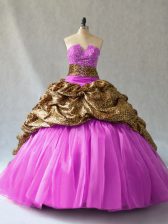 Stunning Lilac Ball Gowns V-neck Sleeveless Organza and Printed Brush Train Lace Up Beading and Pick Ups 15th Birthday Dress