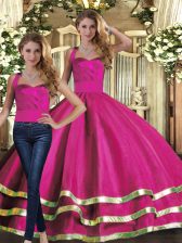 Attractive Fuchsia Sleeveless Ruffled Layers Floor Length Quince Ball Gowns
