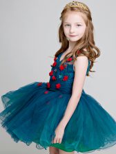 Affordable Teal Sleeveless Lace and Appliques Mini Length Flower Girl Dress